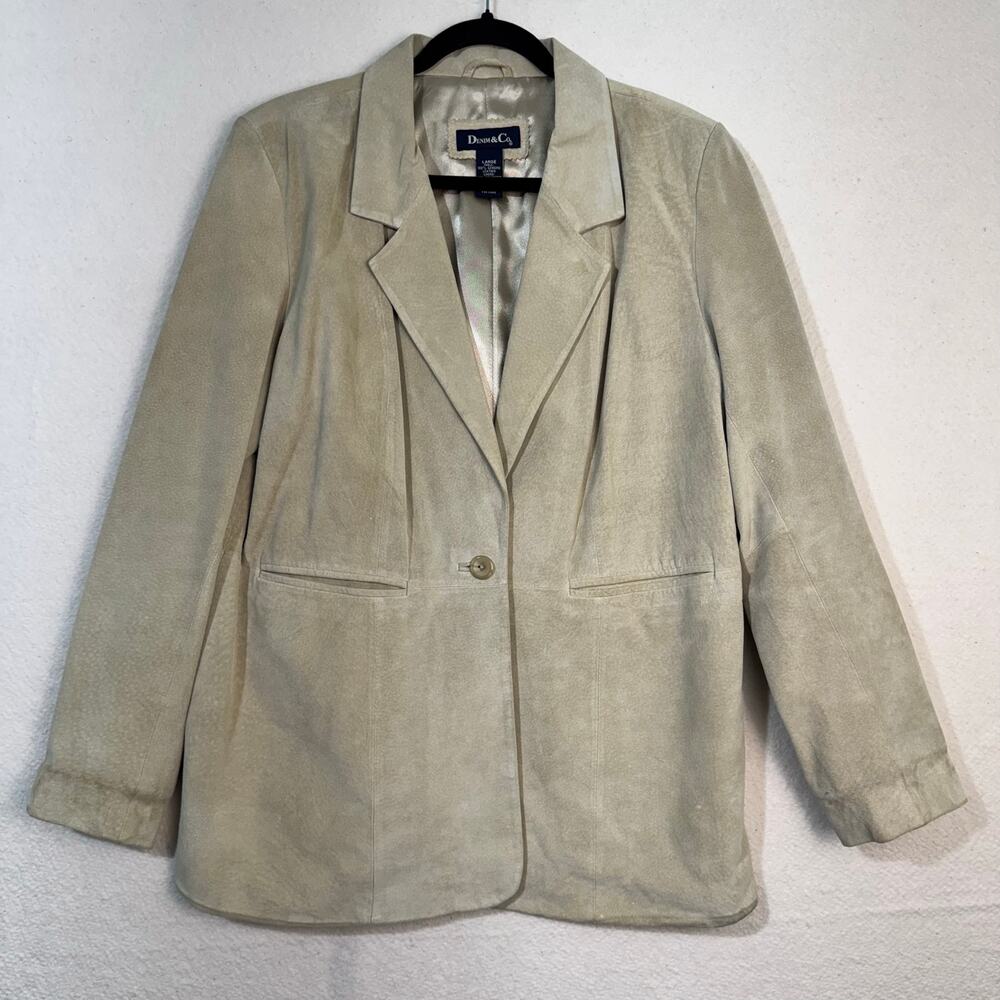 Denim & Co Light Tan Leather Suede Blazer Jacket Size Large 90's VTG Satin Lined - Picture 1 of 7
